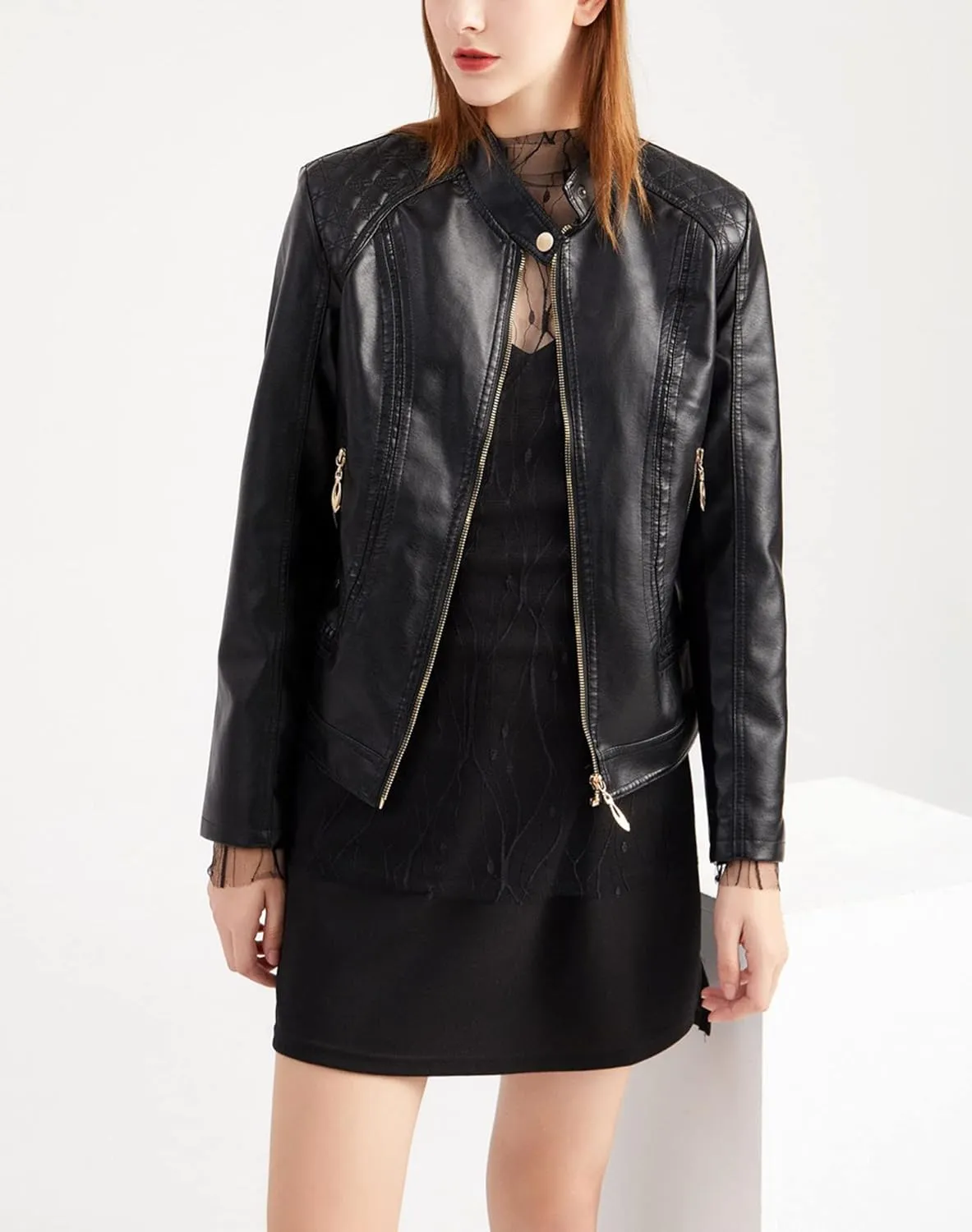 Women's Faux Leather Jacket Slim Biker Motorcycle Jacket Zip-up Outerwear