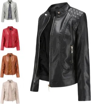 Women's Faux Leather Jacket Slim Biker Motorcycle Jacket Zip-up Outerwear