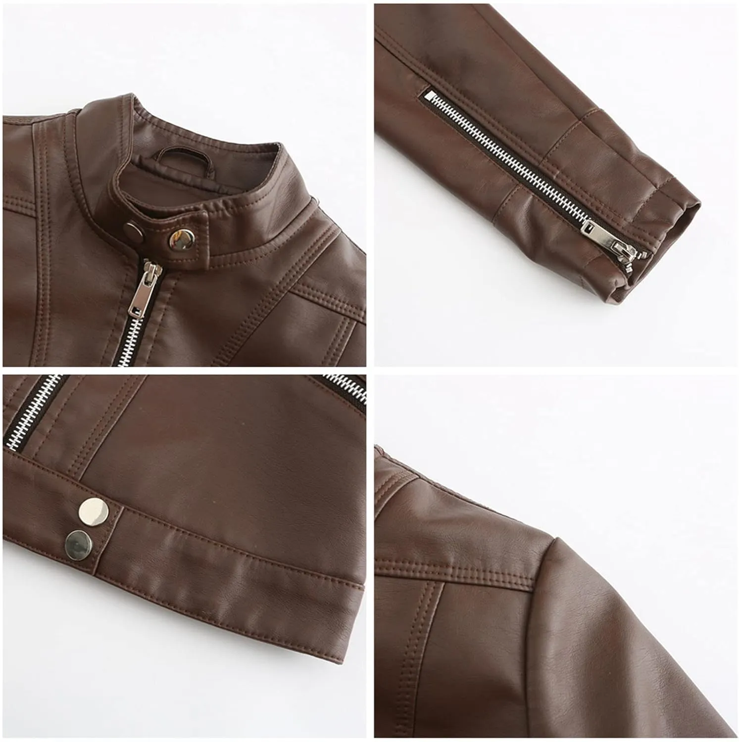 Women's Faux Leather Jackets Stand Collar Motorcycle Coat Moto Biker Coat Short Jacket