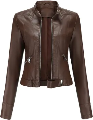 Women's Faux Leather Jackets Stand Collar Motorcycle Coat Moto Biker Coat Short Jacket