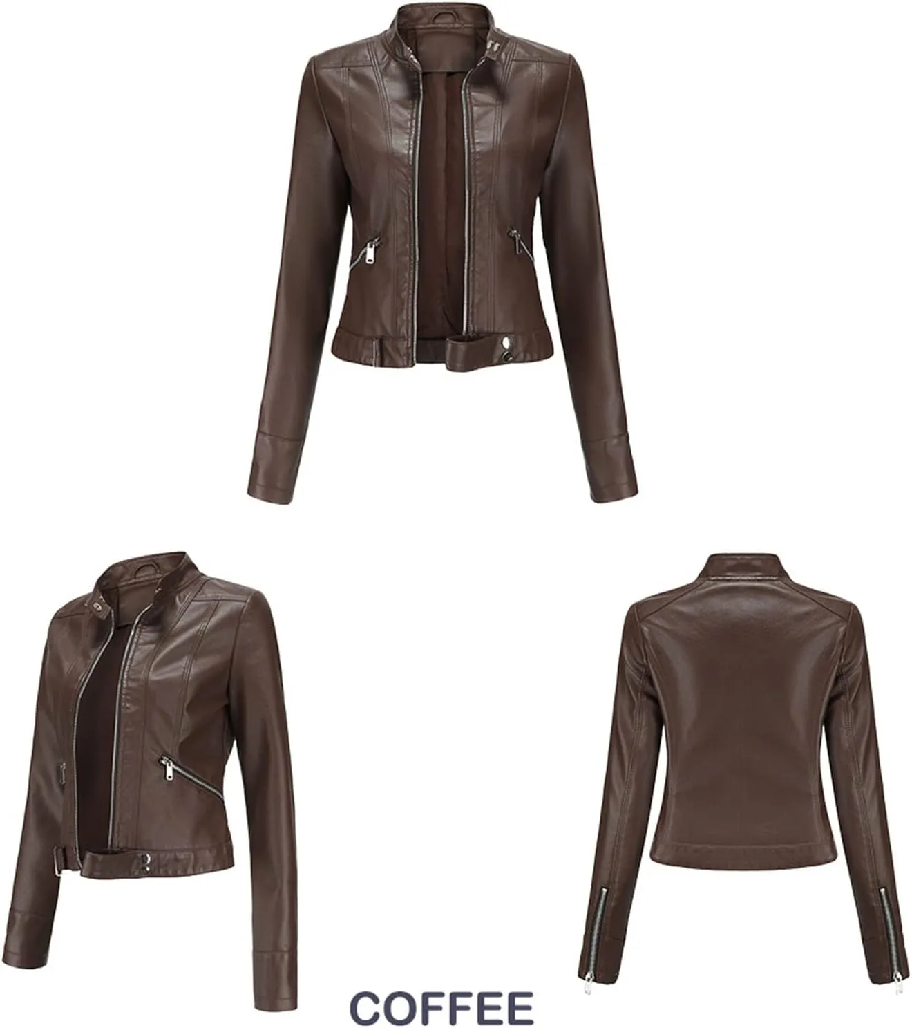 Women's Faux Leather Jackets Stand Collar Motorcycle Coat Moto Biker Coat Short Jacket