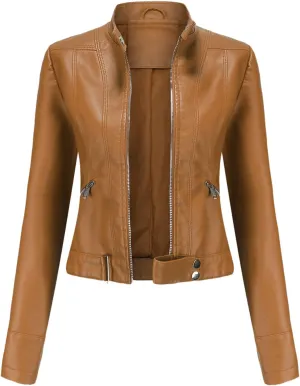 Women's Faux Leather Jackets Stand Collar Motorcycle Coat Moto Biker Coat Short Jacket