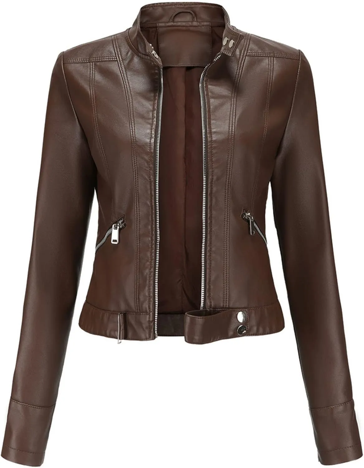 Women's Faux Leather Jackets Stand Collar Motorcycle Coat Moto Biker Coat Short Jacket