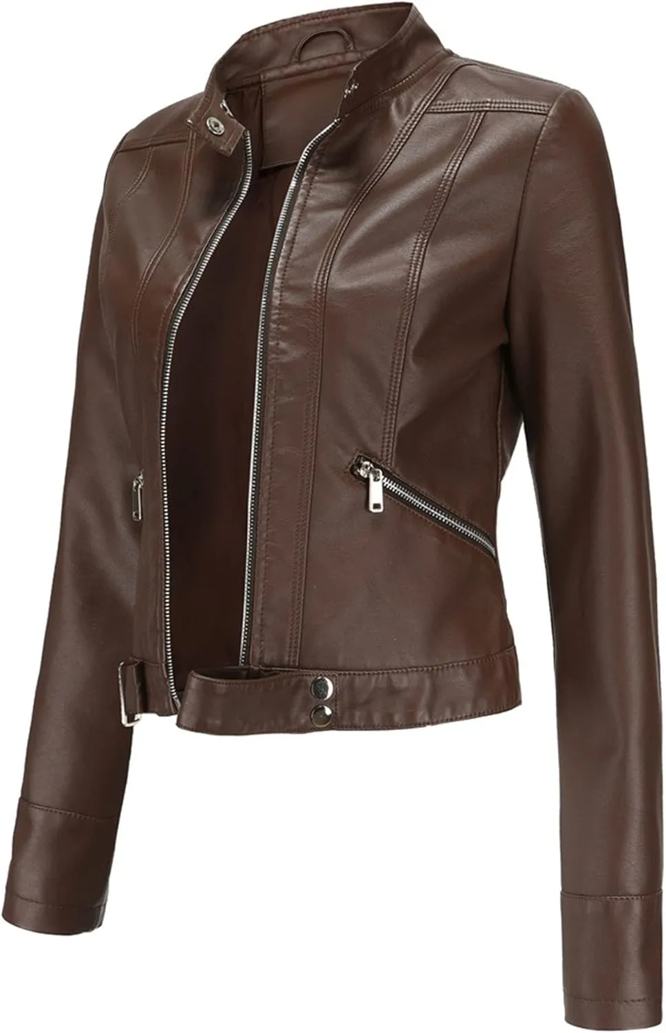 Women's Faux Leather Jackets Stand Collar Motorcycle Coat Moto Biker Coat Short Jacket