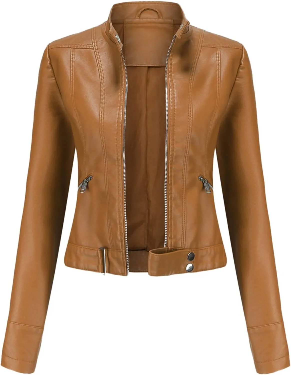 Women's Faux Leather Jackets Stand Collar Motorcycle Coat Moto Biker Coat Short Jacket