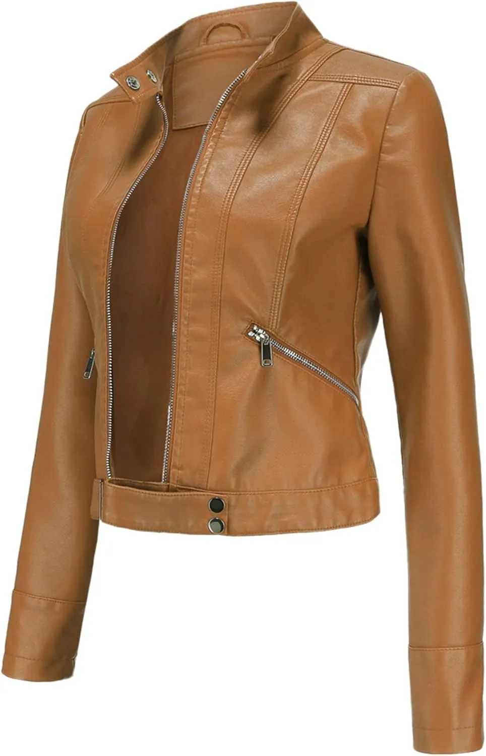 Women's Faux Leather Jackets Stand Collar Motorcycle Coat Moto Biker Coat Short Jacket
