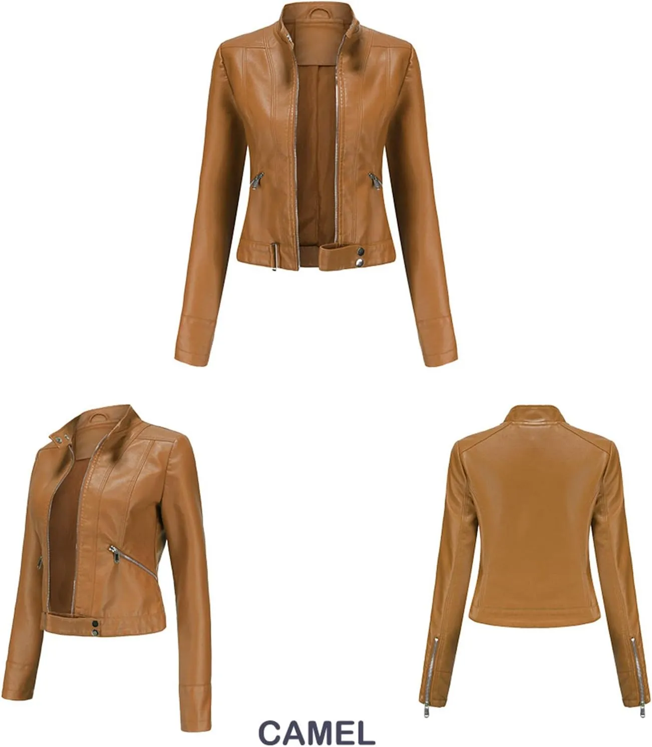 Women's Faux Leather Jackets Stand Collar Motorcycle Coat Moto Biker Coat Short Jacket