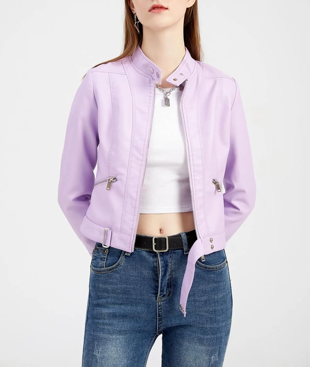 Women's Faux Leather Jackets Stand Collar Motorcycle Coat Moto Biker Coat Short Jacket