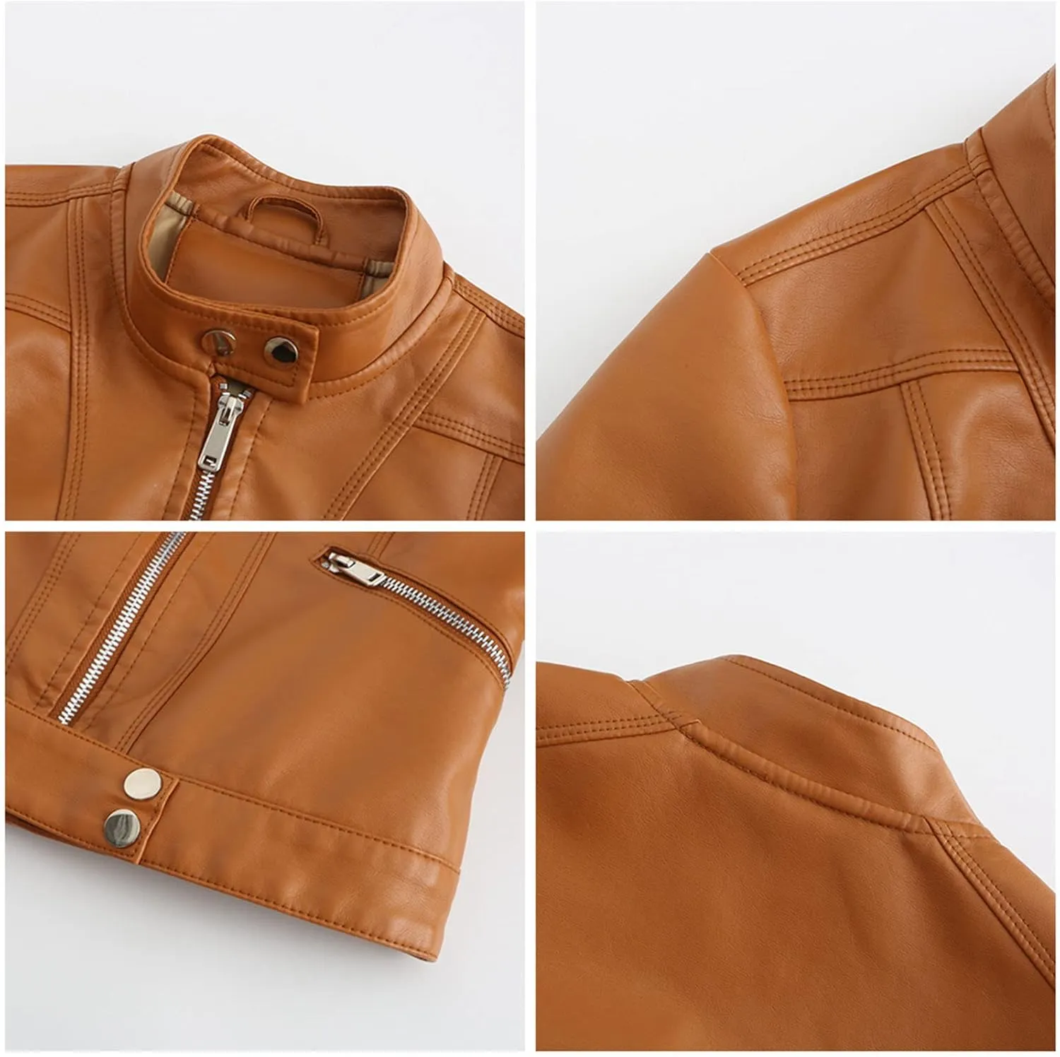 Women's Faux Leather Jackets Stand Collar Motorcycle Coat Moto Biker Coat Short Jacket