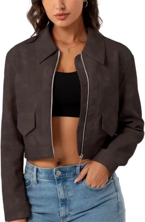 Women's Faux Leather Motorcycle Jacket Slim Crop Bomber PU Moto Biker Outwear Coat