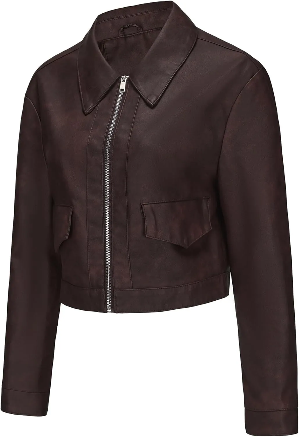 Women's Faux Leather Motorcycle Jacket Slim Crop Bomber PU Moto Biker Outwear Coat