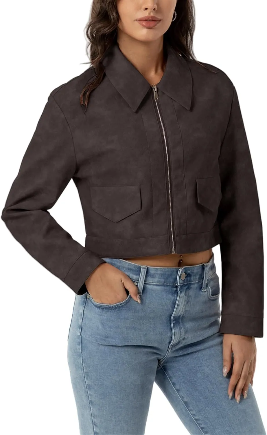Women's Faux Leather Motorcycle Jacket Slim Crop Bomber PU Moto Biker Outwear Coat
