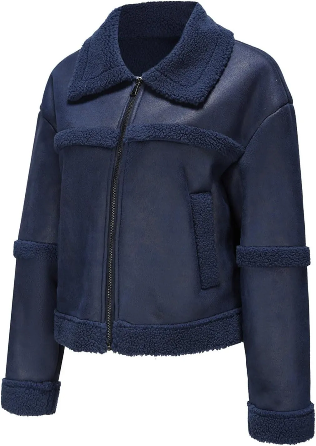 Womens Faux Suede Jacket Ladies Casual Faux Leather Windproof Jackets Fall Winter Warm Plush Outwear PU Moto Jacket