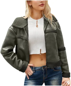 Womens Faux Suede Jacket Ladies Casual Faux Leather Windproof Jackets Fall Winter Warm Plush Outwear PU Moto Jacket