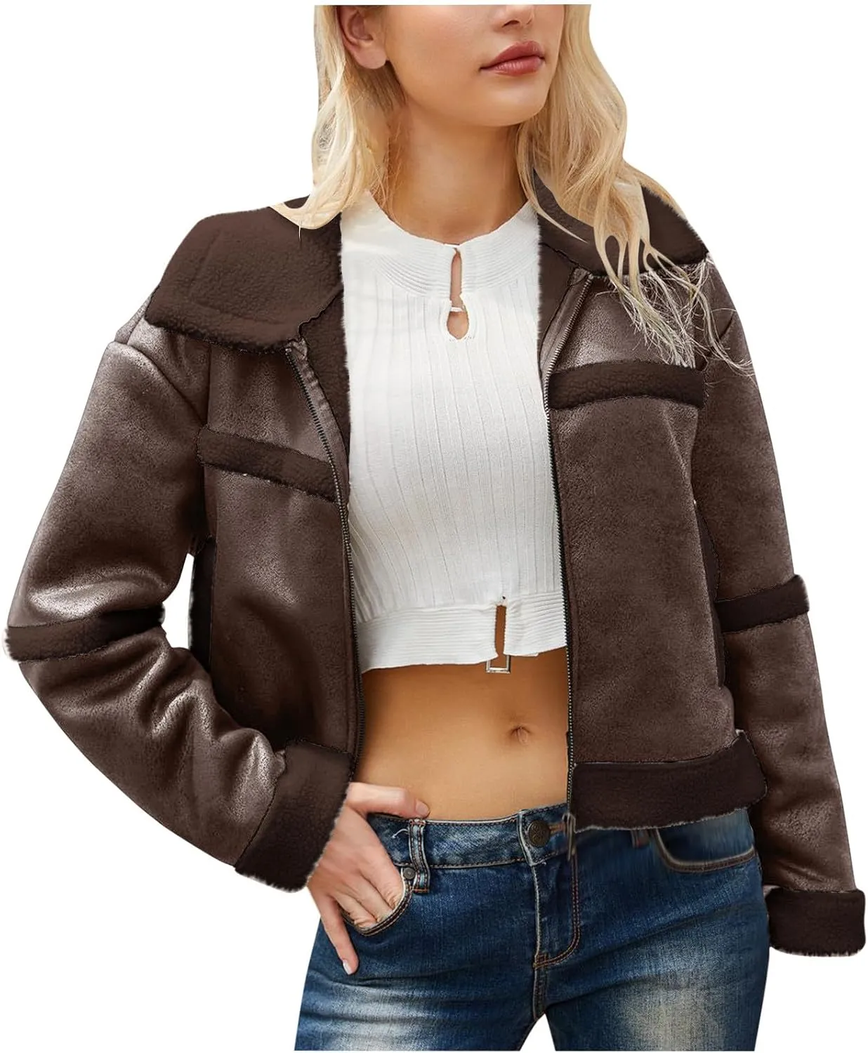 Womens Faux Suede Jacket Ladies Casual Faux Leather Windproof Jackets Fall Winter Warm Plush Outwear PU Moto Jacket
