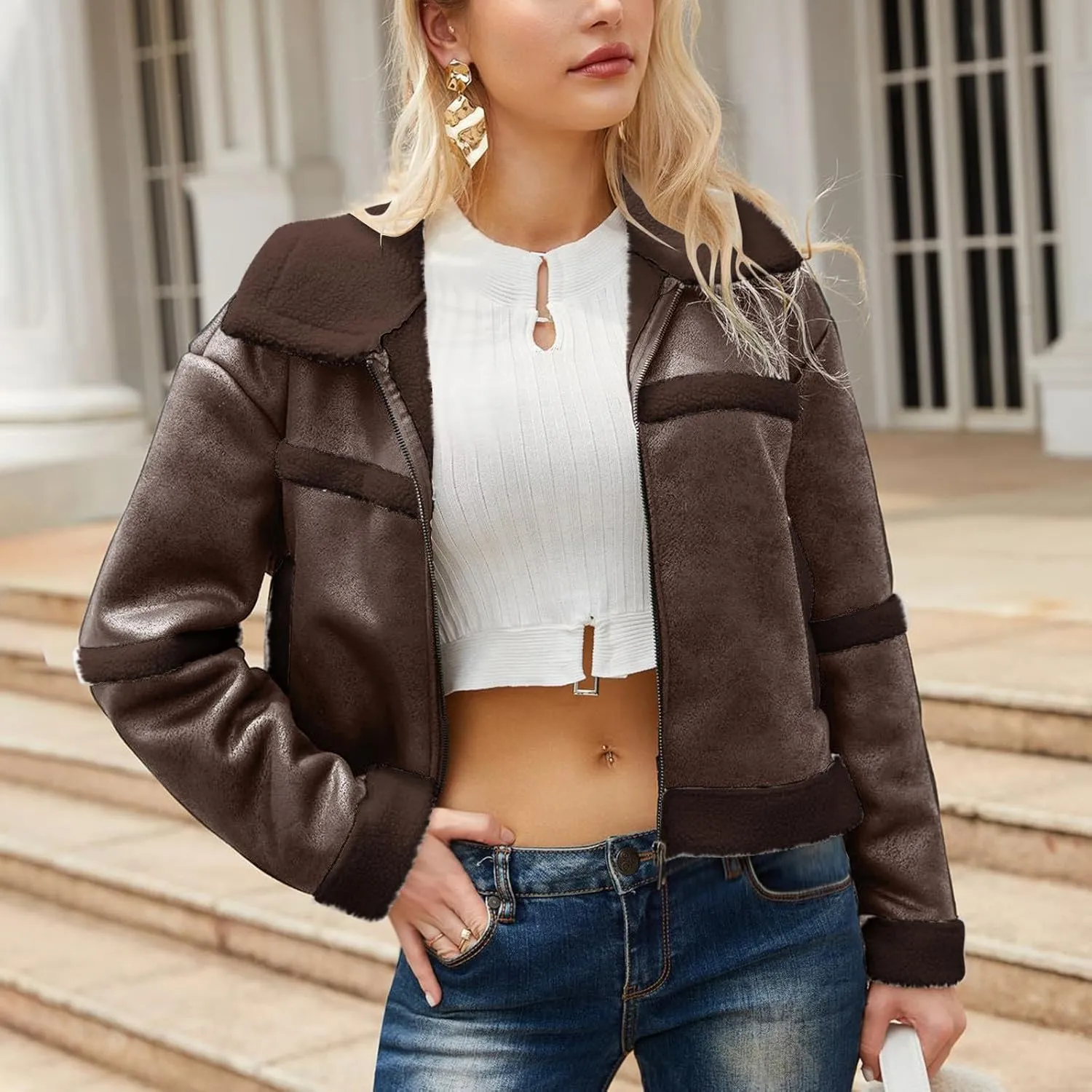 Womens Faux Suede Jacket Ladies Casual Faux Leather Windproof Jackets Fall Winter Warm Plush Outwear PU Moto Jacket
