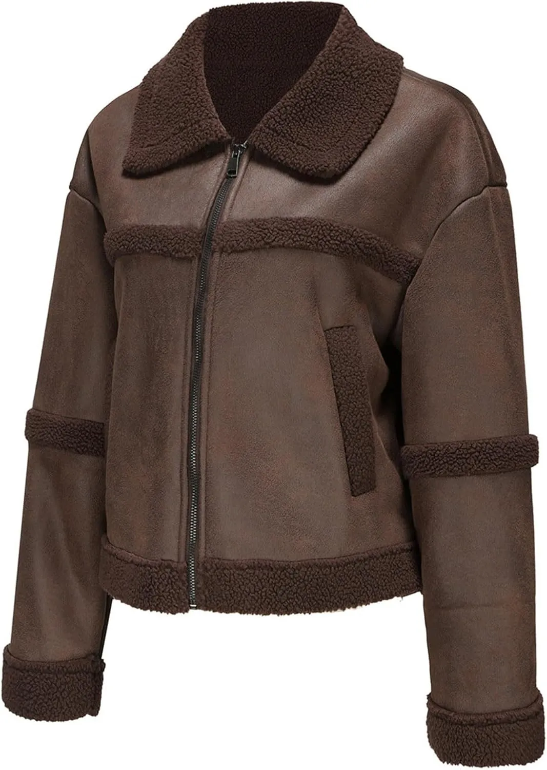 Womens Faux Suede Jacket Ladies Casual Faux Leather Windproof Jackets Fall Winter Warm Plush Outwear PU Moto Jacket
