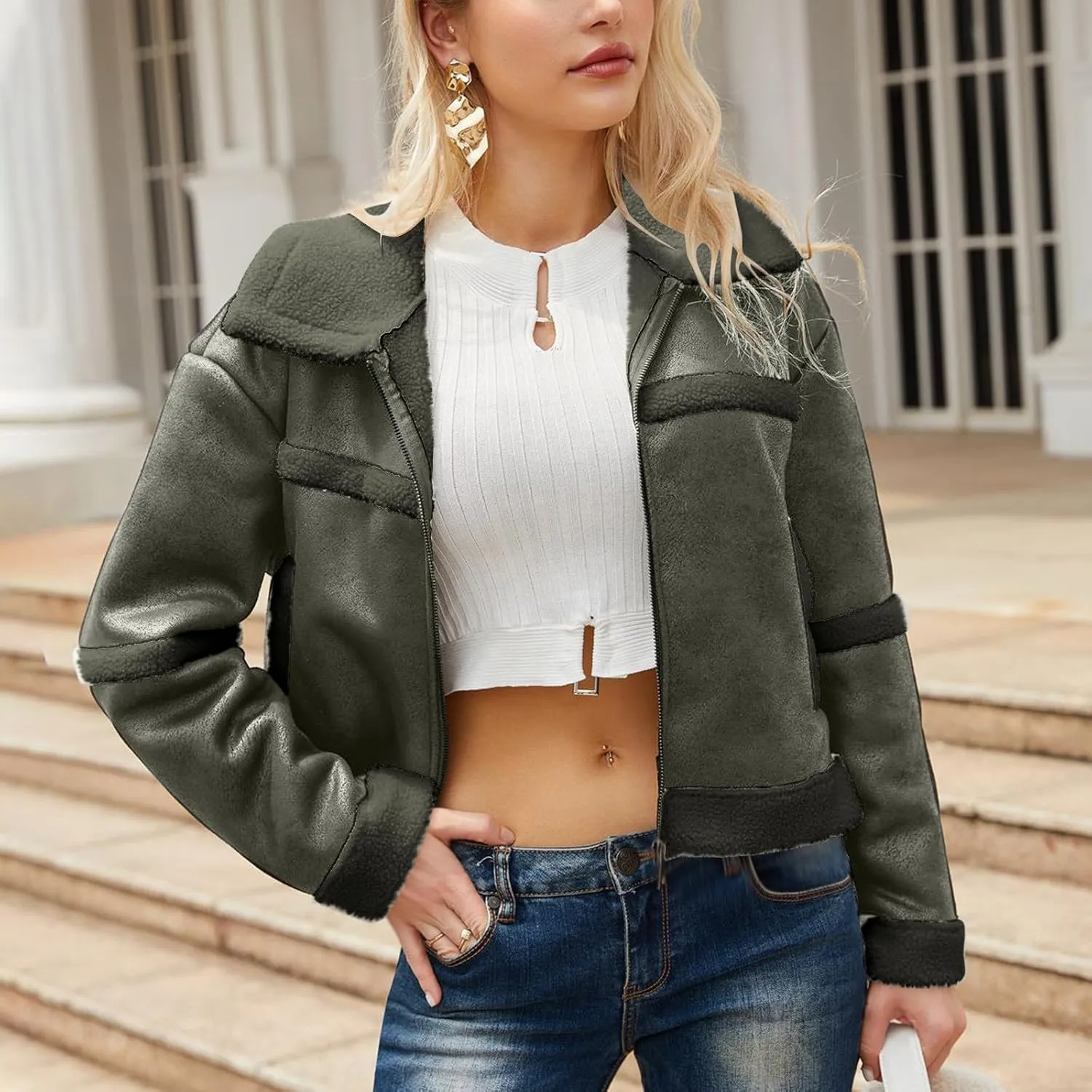 Womens Faux Suede Jacket Ladies Casual Faux Leather Windproof Jackets Fall Winter Warm Plush Outwear PU Moto Jacket