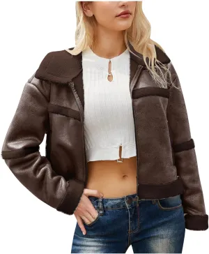Womens Faux Suede Jacket Ladies Casual Faux Leather Windproof Jackets Fall Winter Warm Plush Outwear PU Moto Jacket
