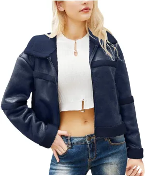 Womens Faux Suede Jacket Ladies Casual Faux Leather Windproof Jackets Fall Winter Warm Plush Outwear PU Moto Jacket