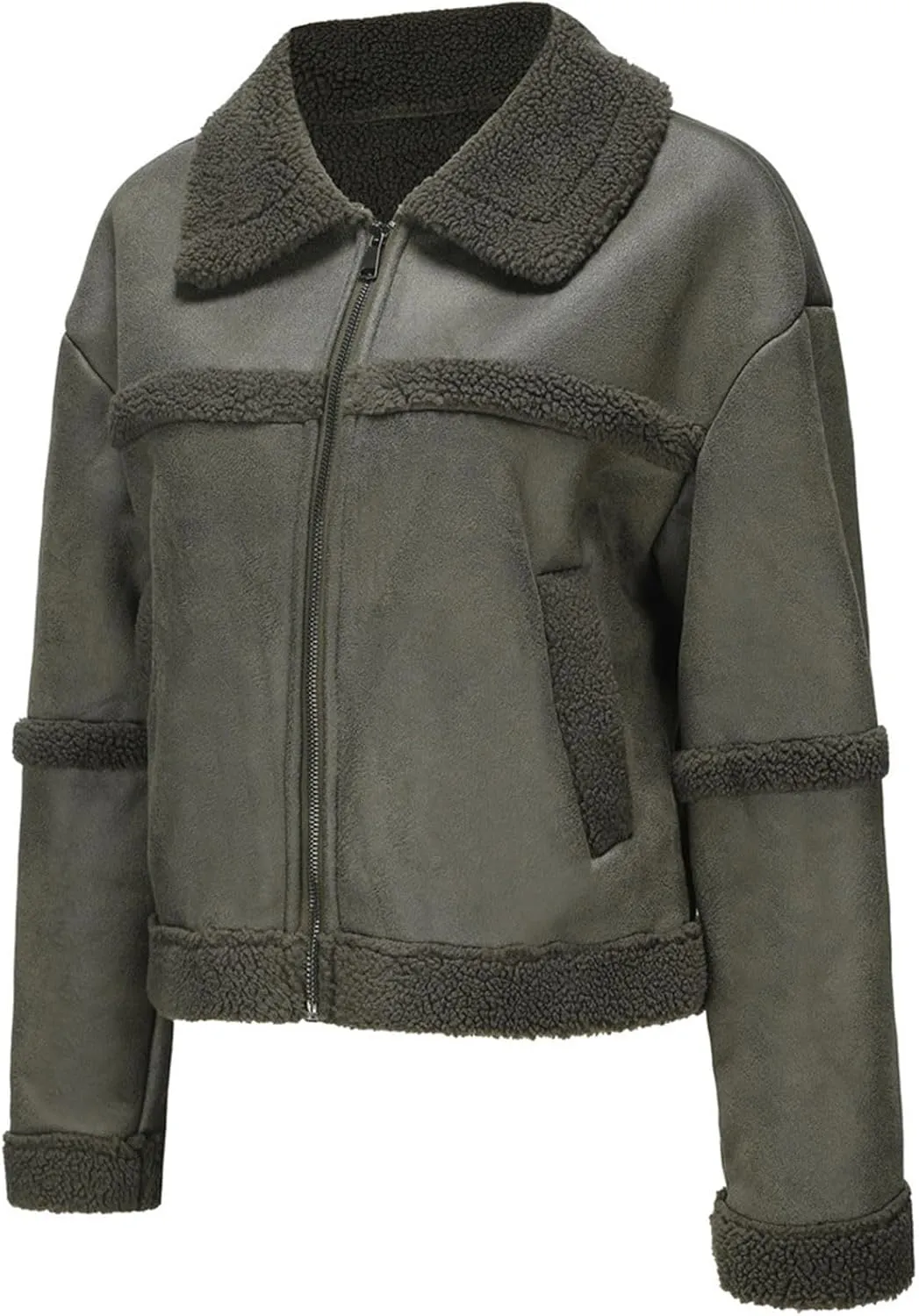 Womens Faux Suede Jacket Ladies Casual Faux Leather Windproof Jackets Fall Winter Warm Plush Outwear PU Moto Jacket