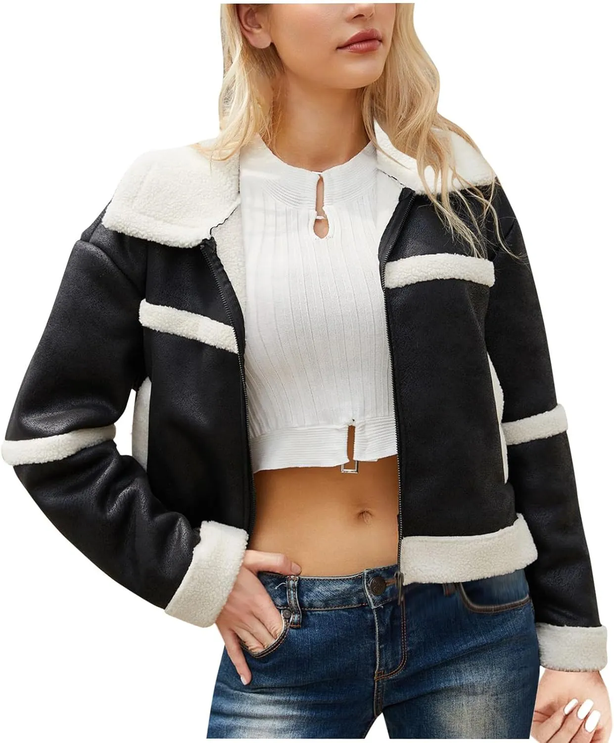 Womens Faux Suede Jacket Ladies Casual Faux Leather Windproof Jackets Fall Winter Warm Plush Outwear PU Moto Jacket