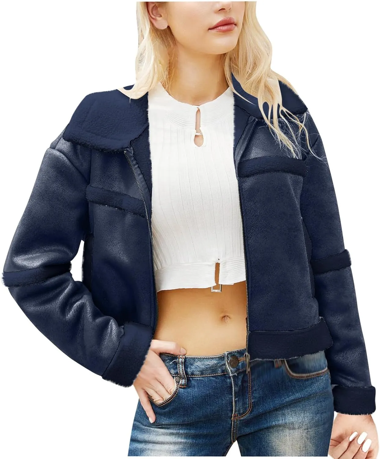Womens Faux Suede Jacket Ladies Casual Faux Leather Windproof Jackets Fall Winter Warm Plush Outwear PU Moto Jacket