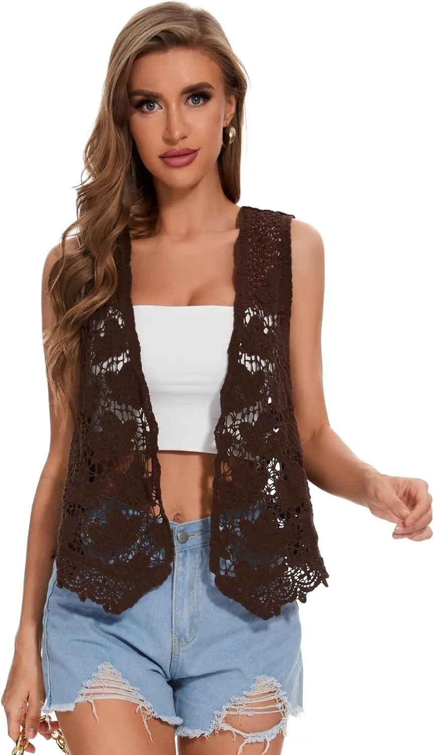 Womens Floral Crochet Lace Trim Sleeveless Boho Open Front Vest Cardigan