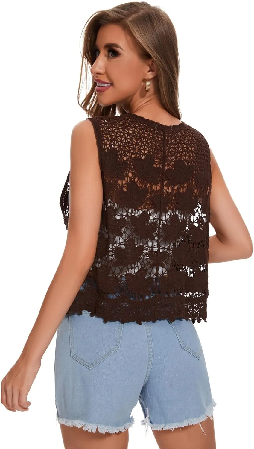 Womens Floral Crochet Lace Trim Sleeveless Boho Open Front Vest Cardigan