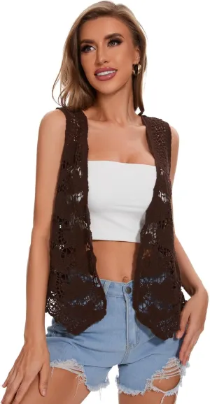 Womens Floral Crochet Lace Trim Sleeveless Boho Open Front Vest Cardigan