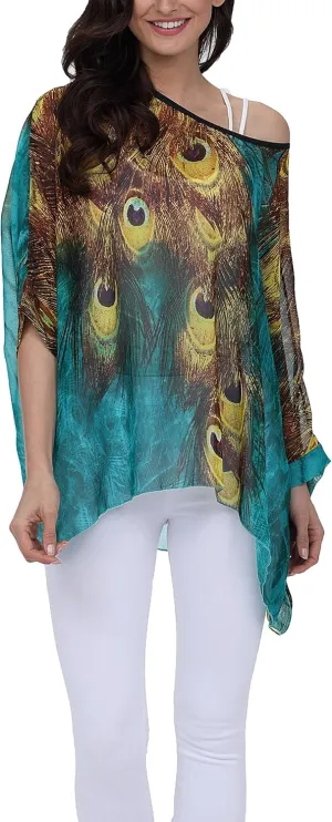 Women's Floral Printed Batwing Sleeve Chiffon Caftan Poncho Tunic Top Bat Parent