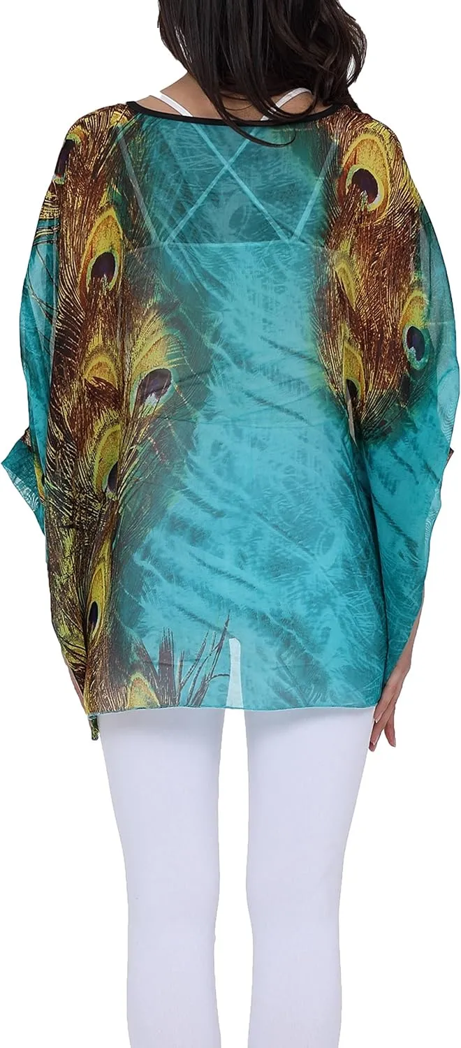 Women's Floral Printed Batwing Sleeve Chiffon Caftan Poncho Tunic Top Bat Parent