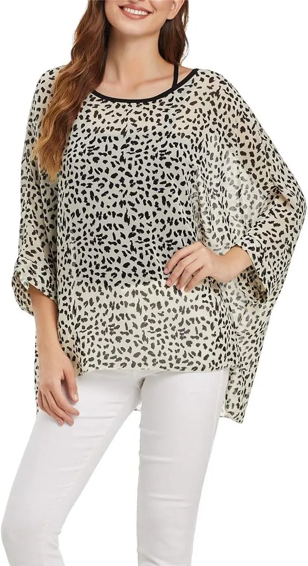 Women's Floral Printed Batwing Sleeve Chiffon Caftan Poncho Tunic Top Bat Parent