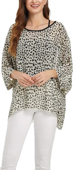 Women's Floral Printed Batwing Sleeve Chiffon Caftan Poncho Tunic Top Bat Parent
