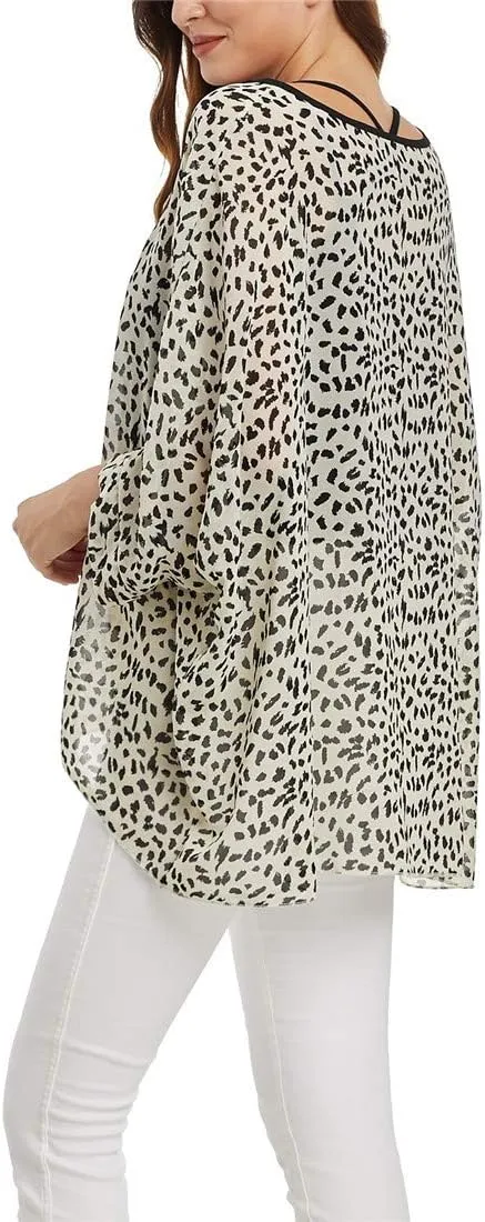 Women's Floral Printed Batwing Sleeve Chiffon Caftan Poncho Tunic Top Bat Parent