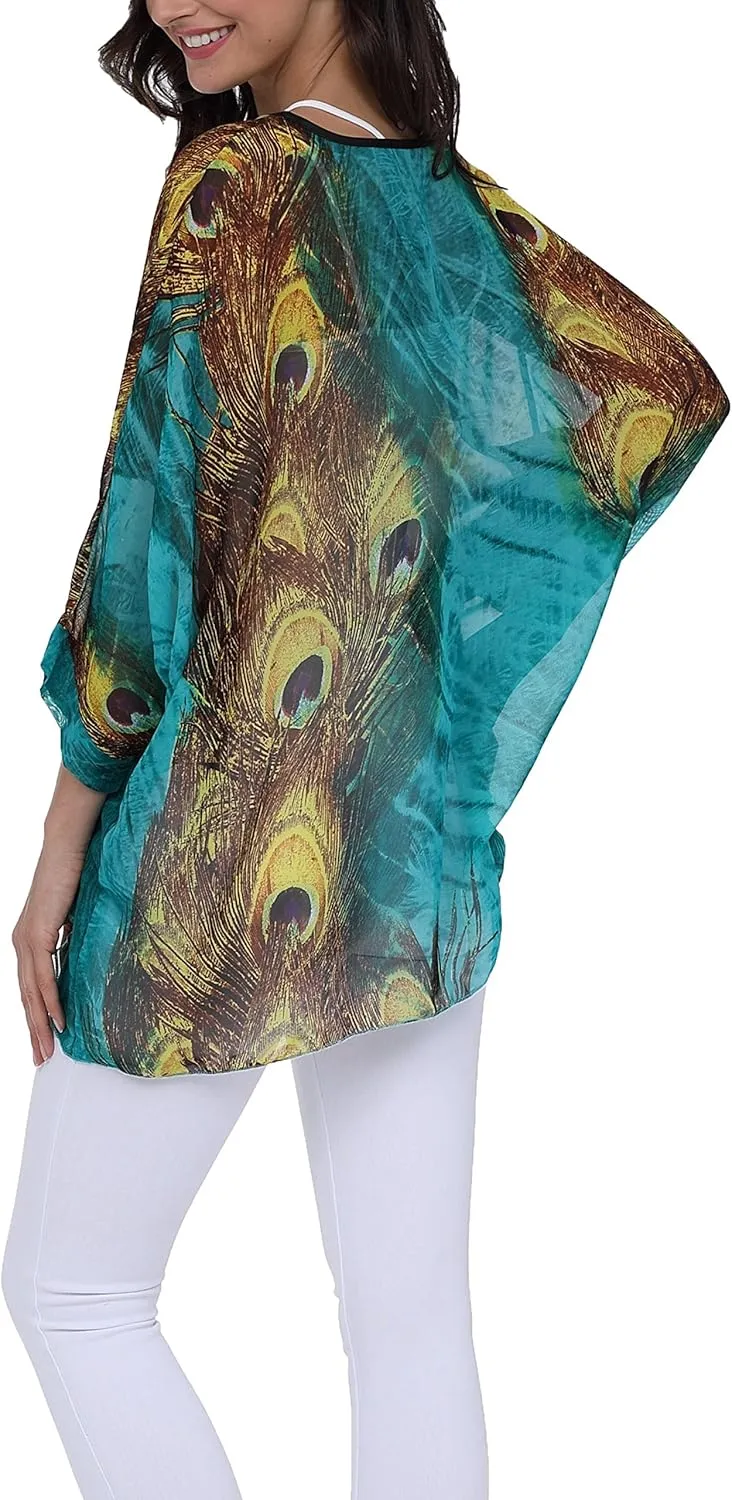 Women's Floral Printed Batwing Sleeve Chiffon Caftan Poncho Tunic Top Bat Parent