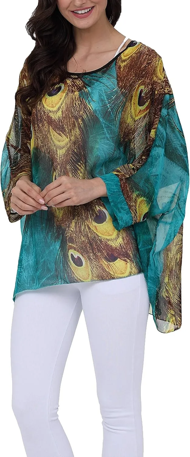 Women's Floral Printed Batwing Sleeve Chiffon Caftan Poncho Tunic Top Bat Parent