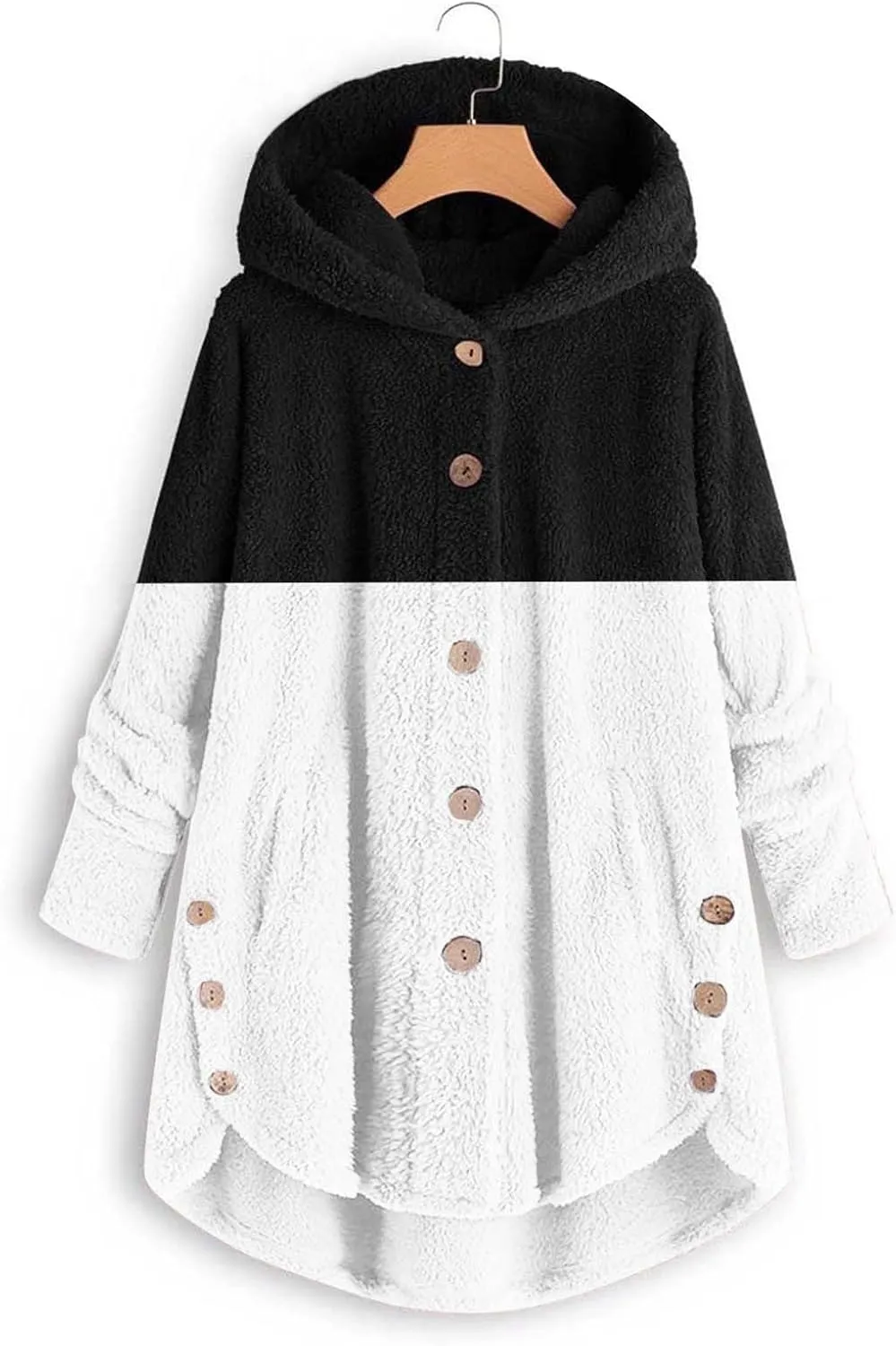 Womens Fuzzy Fleece Jacket Button Hem Plus Size Hoodie Top Sweater Blouse Outerwear with Pockets Snow Jackets for