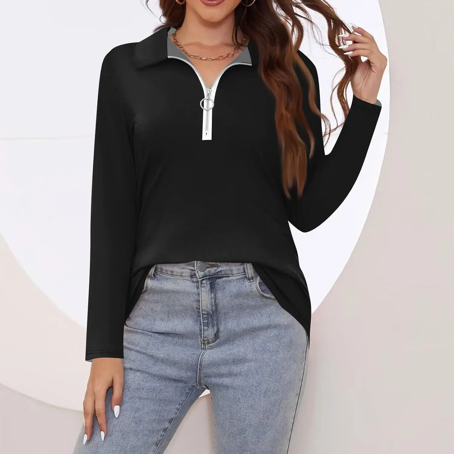 Womens Golf Shirt Long Sleeve Fall Quarter Zip Pullover Collared Neck Workout Polo Tops Fitted Blouses Business Casual