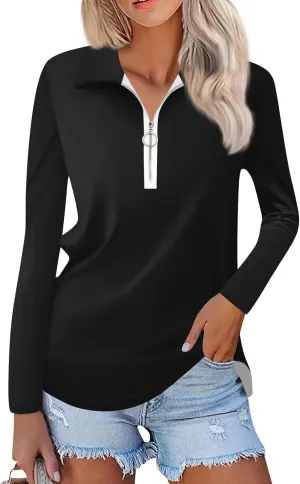 Womens Golf Shirt Long Sleeve Fall Quarter Zip Pullover Collared Neck Workout Polo Tops Fitted Blouses Business Casual