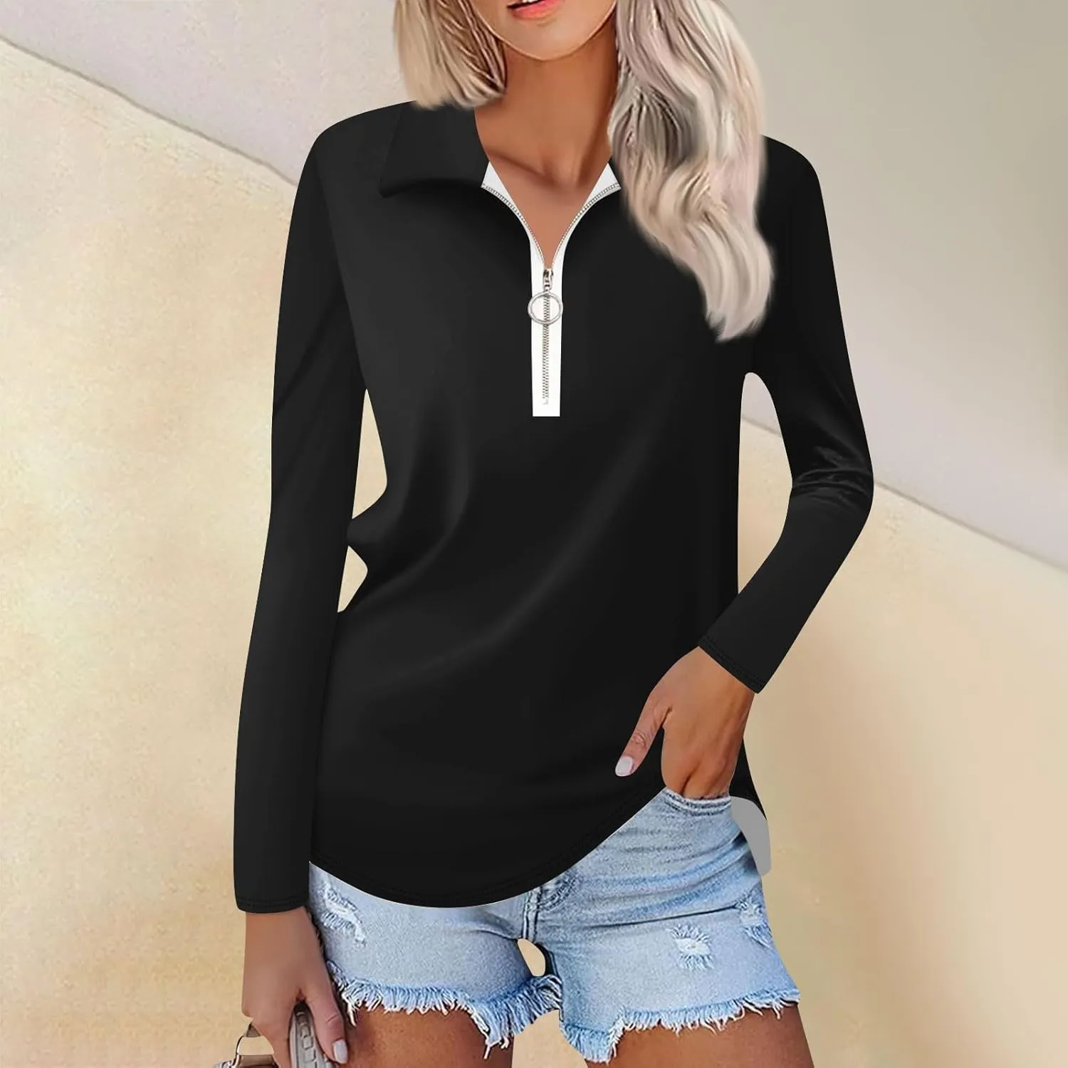 Womens Golf Shirt Long Sleeve Fall Quarter Zip Pullover Collared Neck Workout Polo Tops Fitted Blouses Business Casual