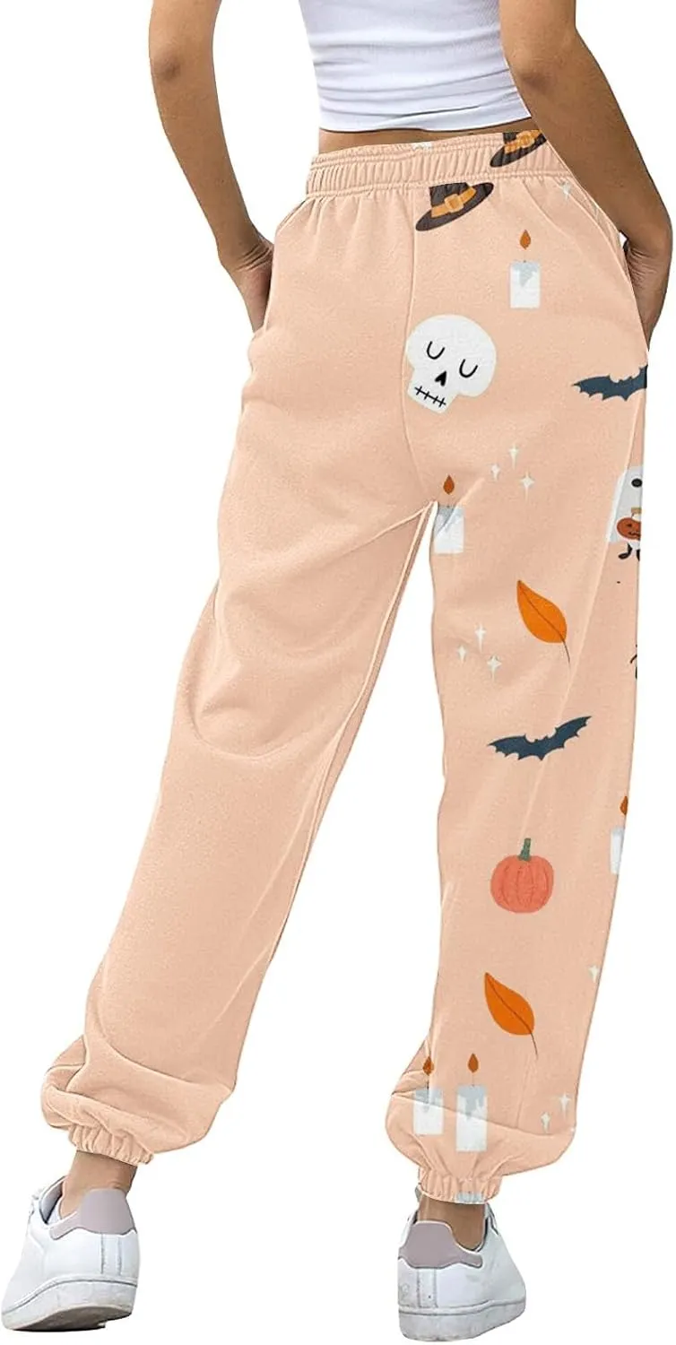 Womens Halloween Sweatpants Trendy Funny Print Drawstring Waist Wide Leg Pants Work Loose Pocket Lounge Joggers