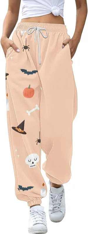 Womens Halloween Sweatpants Trendy Funny Print Drawstring Waist Wide Leg Pants Work Loose Pocket Lounge Joggers