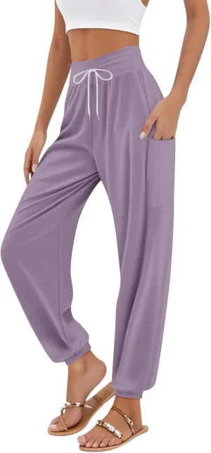 Women's Harem Pants, Hippie Palazzo Pants Boho Joggers High Waist Drawstring Trousers Flowy Clothes Pant with Pockets A1