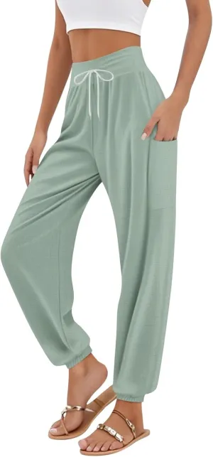 Women's Harem Pants, Hippie Palazzo Pants Boho Joggers High Waist Drawstring Trousers Flowy Clothes Pant with Pockets A1