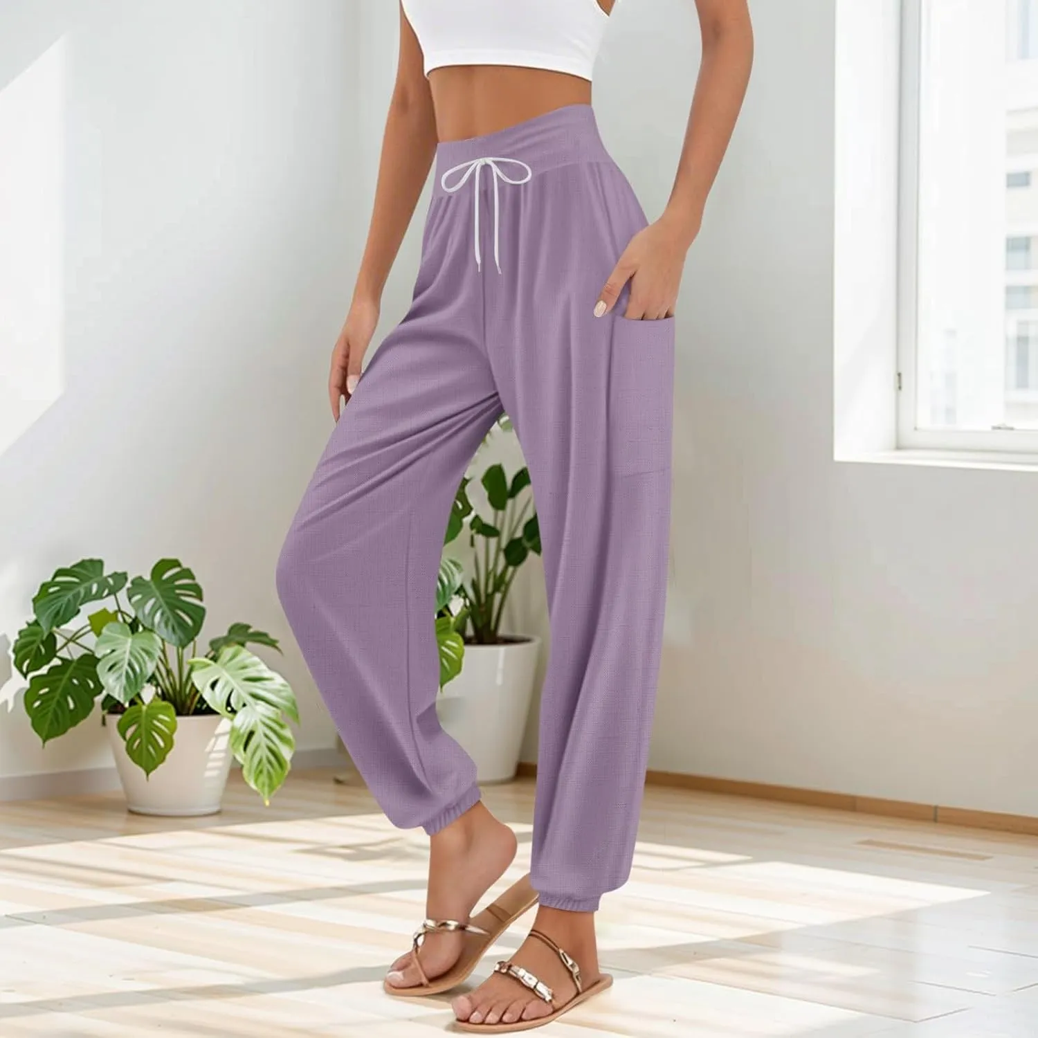 Women's Harem Pants, Hippie Palazzo Pants Boho Joggers High Waist Drawstring Trousers Flowy Clothes Pant with Pockets A1