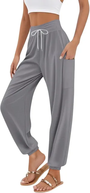 Women's Harem Pants, Hippie Palazzo Pants Boho Joggers High Waist Drawstring Trousers Flowy Clothes Pant with Pockets A1