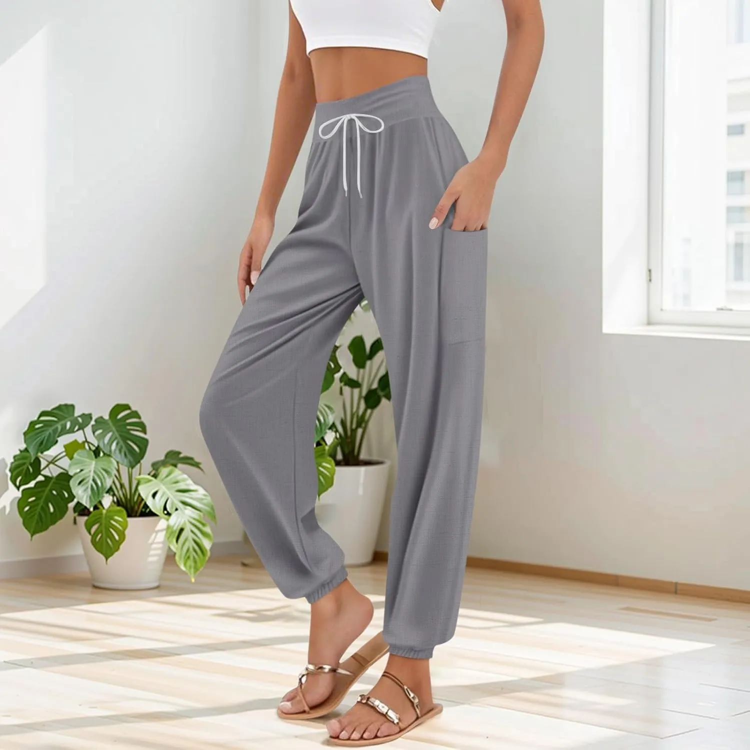 Women's Harem Pants, Hippie Palazzo Pants Boho Joggers High Waist Drawstring Trousers Flowy Clothes Pant with Pockets A1