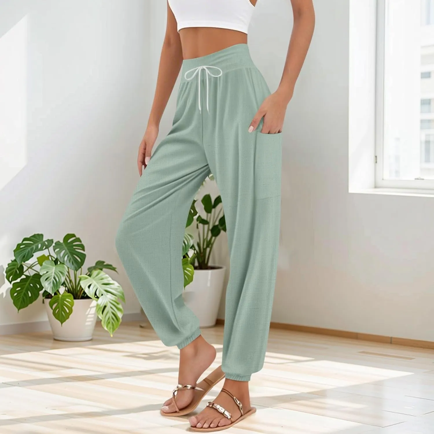 Women's Harem Pants, Hippie Palazzo Pants Boho Joggers High Waist Drawstring Trousers Flowy Clothes Pant with Pockets A1