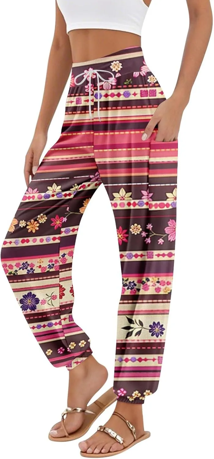 Women's Harem Pants, Hippie Palazzo Pants Boho Joggers High Waist Drawstring Trousers Flowy Clothes Pant with Pockets C0